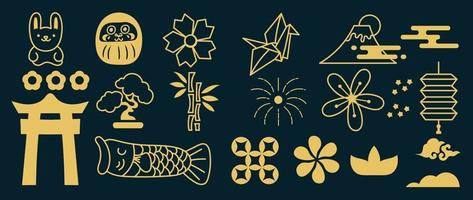 conjunto de vetores japoneses de elemento de ano novo feliz. coelho de doodle desenhado à mão dourada, bonsai, fuji, flores, bambu, nuvens, padrão japonês, peixe koi em fundo escuro. design para adesivo, carimbo, cartão.