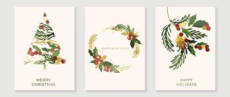 conjunto de natal e vetor de cartão de feriado de feliz ano novo. elemento elegante de aquarela e coroa de folhas de inverno de ouro, folhas de pinheiro árvore de natal. ilustração de design para capa, banner, cartão, pôster.