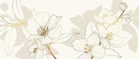 papel de parede de arte de linha dourada floral de luxo. flores de cerejeira dourada elegante padrão de fundo. ilustração de design para decoração, cartão, decoração de casa, convite, embalagem, impressão, capa, banner. vetor
