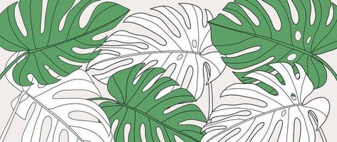 folhagem botânica linha arte fundo ilustração em vetor. monstera tropical deixa arte de linha de fundo padrão. design para papel de parede, decoração de casa, site, embalagem, impressão, pôster, capa, banner. vetor