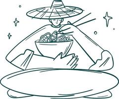 arte de clipe de coleção de comida asiática. samurai feliz com ilustração de ramen vetor