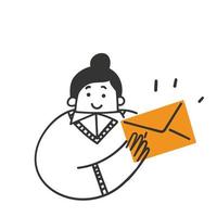 pessoa de doodle desenhada de mão segurando ilustração de e-mail de envelope vetor