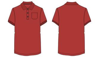 camisa polo de manga curta com modelo de ilustração vetorial de desenho plano de moda técnica de bolso vista frontal e traseira. vetor