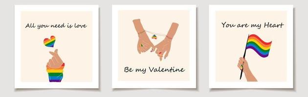 conjunto de cartões de dia dos namorados com um conjunto de três mãos mostrando o coração lgbt. amor, dia dos namorados. vetor