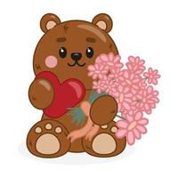 ilustração fofa de urso com buquê de flores vetor