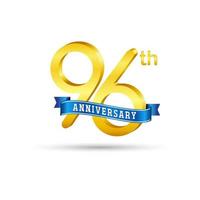 logotipo do 96º aniversário de ouro com fita azul isolada no fundo branco. logotipo de aniversário de ouro 3D vetor