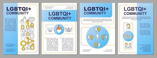 modelo de brochura da comunidade lgbtqi azul. grupo social. design de folheto com ícones lineares. layouts de 4 vetores editáveis para apresentação, relatórios anuais