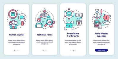 esferas de consultoria de inicialização integrando a tela do aplicativo móvel. passo a passo do capital humano 4 etapas instruções gráficas editáveis com conceitos lineares. interface do usuário, ux, modelo de gui vetor