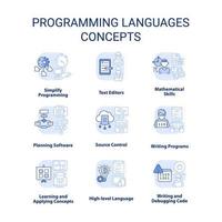 linguagens de programação conjunto de ícones de conceito azul claro. escrever código. ideias de ciência da computação ilustrações de cores de linhas finas. símbolos isolados. traço editável vetor