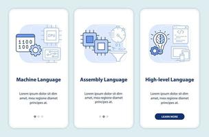 tipos de linguagens de computador tela de aplicativo móvel de integração azul claro. passo a passo 3 etapas páginas de instruções gráficas com conceitos lineares. interface do usuário, ux, modelo de gui vetor