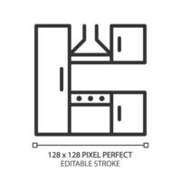 conjunto de cozinha pixel ícone linear perfeito. bancadas e eletrodomésticos. geladeira, fogão. loja de móveis para casa. ilustração de linha fina. símbolo de contorno. desenho de esboço do vetor. traço editável vetor