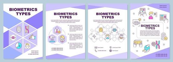 modelo de folheto roxo de tipos de biometria. identidade digital. design de folheto com ícones lineares. layouts de 4 vetores editáveis para apresentação, relatórios anuais