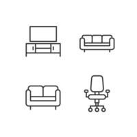 Conjunto de ícones lineares perfeitos de pixel de loja de móveis. móveis para sala e home office. sofá, sofá. símbolos de linha fina personalizáveis. ilustrações de contorno vetorial isoladas. traço editável vetor