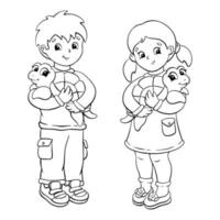 um menino e uma menina estão segurando tartarugas nas mãos. página para colorir para crianças. selo digital. personagem de estilo de desenho animado. ilustração vetorial isolada no fundo branco. vetor