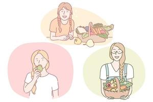 comida saudável, alimentação limpa, conceito vegetariano. personagens de desenhos animados de jovens mulheres positivas comendo frutas e legumes frescos e segurando cestas com ilustração de nutrição de produtos sazonais vetor