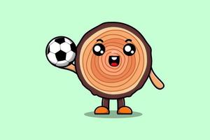 personagem de tronco de madeira bonito dos desenhos animados jogando futebol vetor