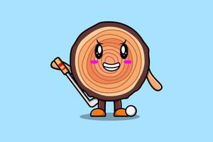 personagem de tronco de madeira bonito dos desenhos animados jogando golfe vetor