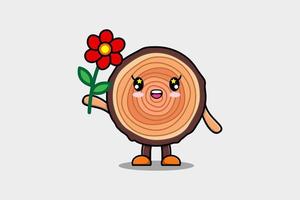 personagem de tronco de madeira bonito dos desenhos animados segurando flor vetor