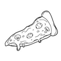 ilustração vetorial. fatia de pizza com queijo derretido e calabresa. doodle desenhado à mão. esboço de desenho animado. decoração para cartões, cartazes, emblemas
