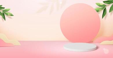 fundo de palco rosa e amarelo. composição do palco branco de renderização 3d decorado com um círculo de papel, nuvens e folhas na superfície rosa vetor