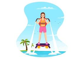 ilustração de flyboard com pessoas andando de jet pack nas férias de verão na praia em modelos desenhados à mão de desenhos animados de atividades extremas planas de esportes aquáticos vetor
