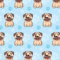 bonito padrão sem emenda com pug de desenho animado e patas. padrão para embalagens, papel de embrulho, têxteis e etc. ilustração vetorial vetor