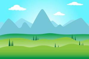 ilustração vetorial dos desenhos animados prado e pôr do sol da montanha, céu azul com nuvens com colinas e campo de arroz na paisagem natural vetor