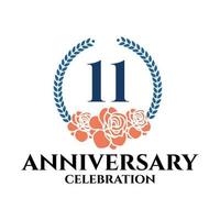 logotipo do 11º aniversário com rosa e coroa de louros, modelo vetorial para comemoração de aniversário. vetor