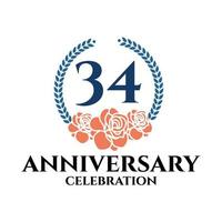 logotipo do 34º aniversário com rosa e coroa de louros, modelo vetorial para comemoração de aniversário. vetor