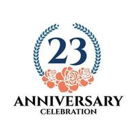 logotipo do 23º aniversário com rosa e coroa de louros, modelo vetorial para comemoração de aniversário. vetor