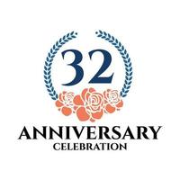 logotipo do 32º aniversário com rosa e coroa de louros, modelo vetorial para comemoração de aniversário. vetor