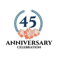 logotipo do 45º aniversário com rosa e coroa de louros, modelo vetorial para comemoração de aniversário. vetor