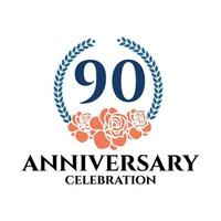 logotipo do 90º aniversário com rosa e coroa de louros, modelo vetorial para comemoração de aniversário. vetor