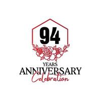 logotipo de aniversário de 94 anos, celebração de design vetorial de aniversário luxuoso vetor