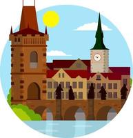 ponte rei carlos. marco medieval de praga com estátuas. atravessando o rio. elemento de centro da paisagem urbana. cultura checa. lugar para turismo e viagens. ilustração plana de desenho animado vetor