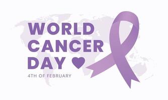 cartaz do dia mundial do câncer ou design de modelo de fundo de banner com símbolo de fita roxa e ilustração vetorial de mapa do mundo vetor