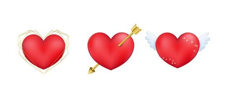 conjunto de corações 3d com seta cupido e asa. elemento decorativo do dia dos namorados para cartão de amor de casamento, fundo de convite. ilustração vetorial