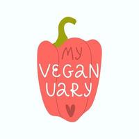 meu veganuary - letras de mão no pimentão. janeiro é o mês vegano. ícone ou emblema para camisetas, bolsas, crachás, adesivos, menus. vetor. vetor