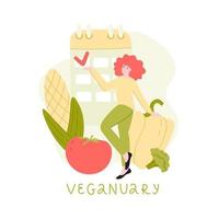 ilustração vetorial - veganuary em fundo branco. legumes, um calendário e uma menina que controla sua alimentação diária. janeiro é o mês vegano. vetor
