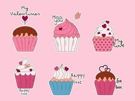 conjunto de adesivos desenhados à mão de cupcakes para o dia dos namorados. elementos de design para cartazes, cartões, banners e convites. vetor