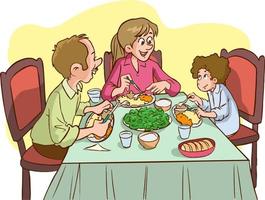 refeição em família. pai mãe, filho e filha juntos sentam à mesa e almoçam ilustração vetorial dos desenhos animados vetor