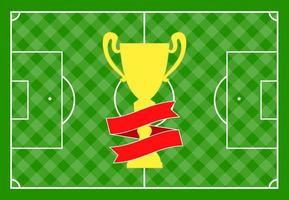 campo de futebol com grama verde e com uma taça de ouro com uma fita vermelha. ilustração vetorial vetor
