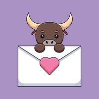 touro bonito segurando uma carta de amor mascote dos desenhos animados doodle arte conceito de contorno desenhado à mão vetor ilustração do ícone kawaii