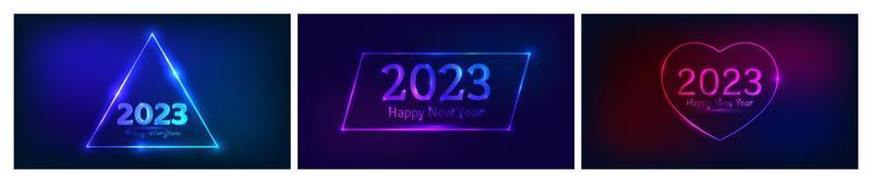 2023 feliz ano novo fundo neon. conjunto de três cenários de néon com diferentes molduras geométricas com efeitos brilhantes e feliz ano novo de inscrição. fundo escuro para o natal vetor