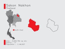 posição de sakon nakhon na tailândia um conjunto de elementos infográficos para a província. e população e esboço do distrito da área. vetor com fundo cinza.