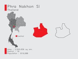 phra nakhon si posiciona na tailândia um conjunto de elementos infográficos para a província. e população e esboço do distrito da área. vetor com fundo cinza.