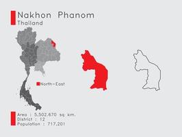 posição nakhon phanom na tailândia um conjunto de elementos infográficos para a província. e população e esboço do distrito da área. vetor com fundo cinza.