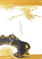 fundo japonês com ouro e vetor de textura preta. decorações de árvores bonsai em estilo vintage. design de modelo de paisagem de arte.