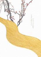 fundo chinês com vetor de ramo de flor de cerejeira. textura de ouro e preto com design de banner de elementos de rio em estilo vintage.
