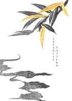 fundo japonês com folha de bambu e vetor de nuvem. design de banner natural com padrão de onda em estilo vintage. ouro e textura preta.